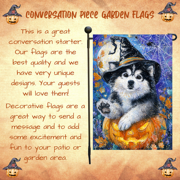 Alaskan Malamute Halloween Puppy Garden Flag with Pumpkin and Spider Web Outdoor Yard Decoration Fall Porch Lawn Mailbox Banner for Dog Lovers Single or Double Sided 12.5 x 18