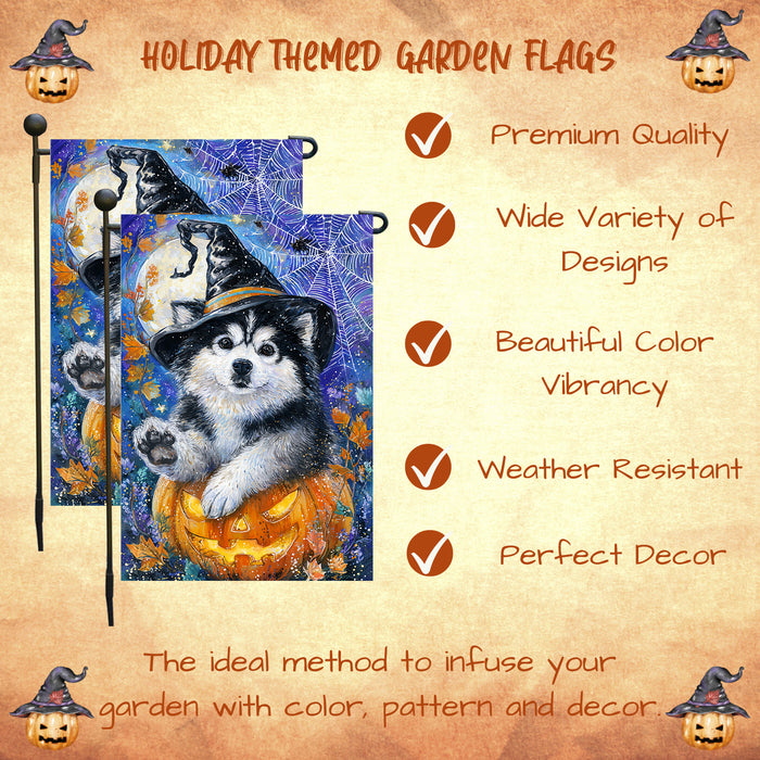 Alaskan Malamute Halloween Puppy Garden Flag with Pumpkin and Spider Web Outdoor Yard Decoration Fall Porch Lawn Mailbox Banner for Dog Lovers Single or Double Sided 12.5 x 18