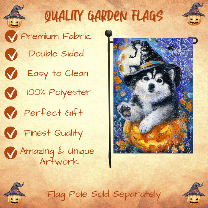 Alaskan Malamute Halloween Puppy Garden Flag with Pumpkin and Spider Web Outdoor Yard Decoration Fall Porch Lawn Mailbox Banner for Dog Lovers Single or Double Sided 12.5 x 18