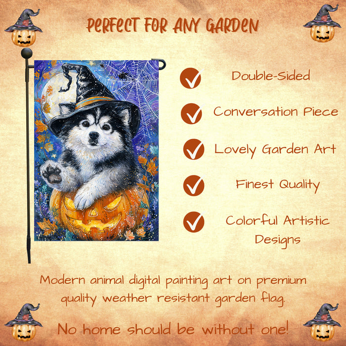 Alaskan Malamute Halloween Puppy Garden Flag with Pumpkin and Spider Web Outdoor Yard Decoration Fall Porch Lawn Mailbox Banner for Dog Lovers Single or Double Sided 12.5 x 18