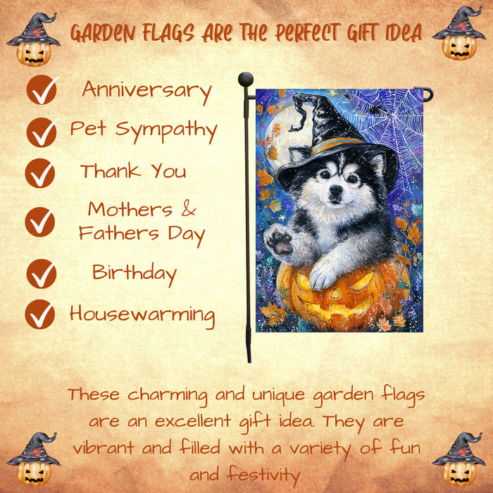 Alaskan Malamute Halloween Puppy Garden Flag with Pumpkin and Spider Web Outdoor Yard Decoration Fall Porch Lawn Mailbox Banner for Dog Lovers Single or Double Sided 12.5 x 18