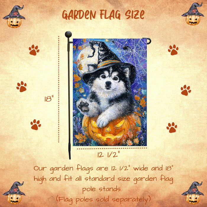 Alaskan Malamute Halloween Puppy Garden Flag with Pumpkin and Spider Web Outdoor Yard Decoration Fall Porch Lawn Mailbox Banner for Dog Lovers Single or Double Sided 12.5 x 18