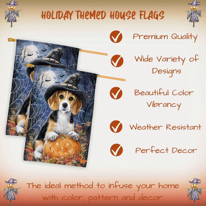 American English Foxhound Halloween House Flag with Pumpkin Spider Web and Full Moon Fall Harvest Porch Banner Autumn Farmhouse Outdoor Home Decoration for Dog Lovers Double Sided 28 x 40