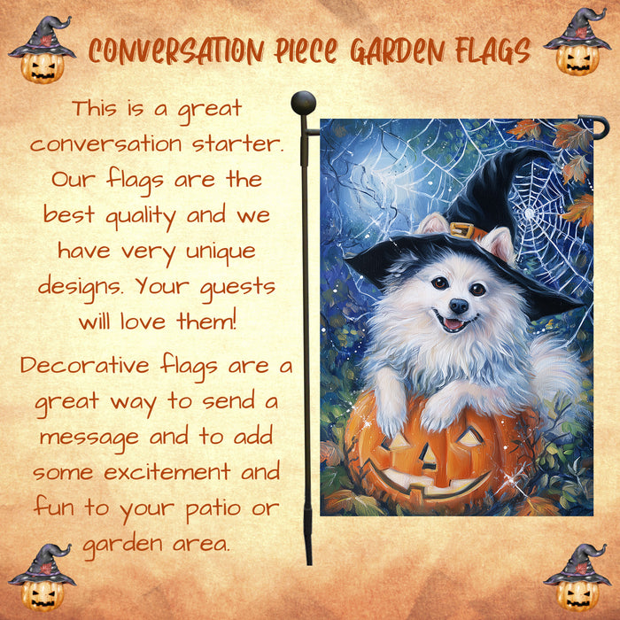 American Eskimo Dog Halloween Garden Flag with Witch Hat Pumpkin Outdoor Yard Banner Fall Winter Holiday Decoration for Lawn Porch and Patio Single or Double Sided 12.5 x 18