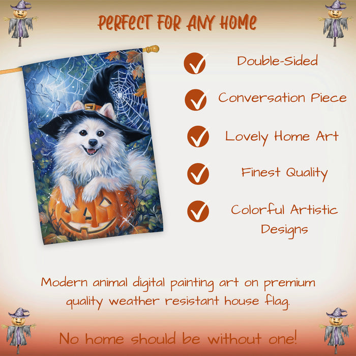 American Eskimo Dog Halloween House Flag with Witch Hat and Pumpkin Fall Harvest Porch Banner Autumn Winter Farmhouse Outdoor Home Decoration for Dog Lovers Double Sided 28 x 40