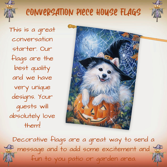 American Eskimo Dog Halloween House Flag with Witch Hat and Pumpkin Fall Harvest Porch Banner Autumn Winter Farmhouse Outdoor Home Decoration for Dog Lovers Double Sided 28 x 40