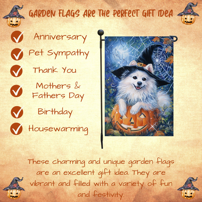 American Eskimo Dog Halloween Garden Flag with Witch Hat Pumpkin Outdoor Yard Banner Fall Winter Holiday Decoration for Lawn Porch and Patio Single or Double Sided 12.5 x 18