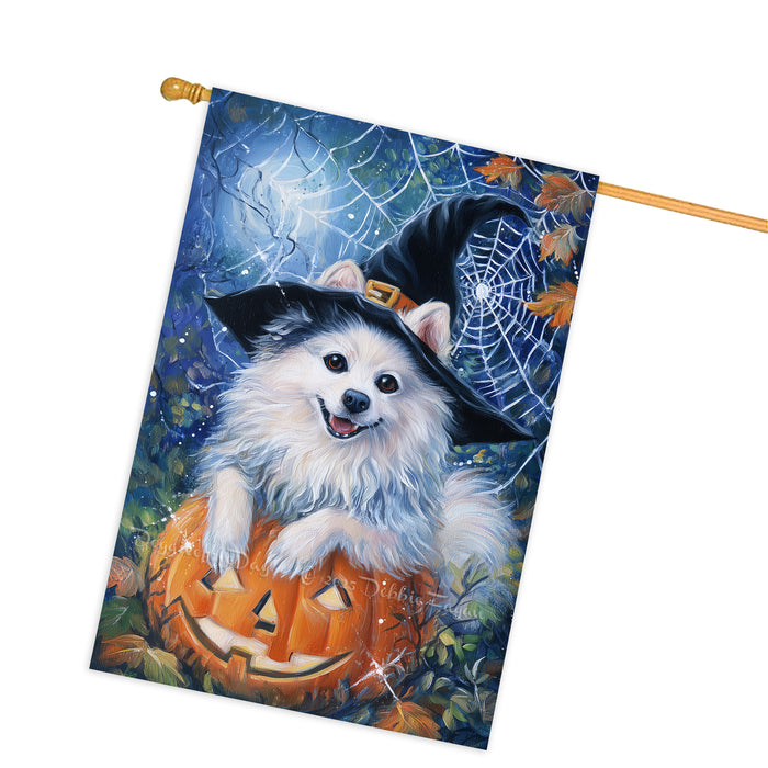American Eskimo Dog Halloween House Flag with Witch Hat and Pumpkin Fall Harvest Porch Banner Autumn Winter Farmhouse Outdoor Home Decoration for Dog Lovers Double Sided 28 x 40