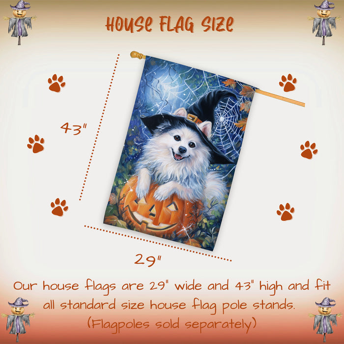 American Eskimo Dog Halloween House Flag with Witch Hat and Pumpkin Fall Harvest Porch Banner Autumn Winter Farmhouse Outdoor Home Decoration for Dog Lovers Double Sided 28 x 40