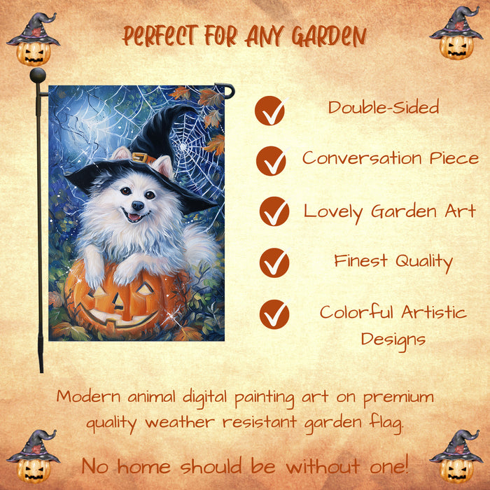American Eskimo Dog Halloween Garden Flag with Witch Hat Pumpkin Outdoor Yard Banner Fall Winter Holiday Decoration for Lawn Porch and Patio Single or Double Sided 12.5 x 18