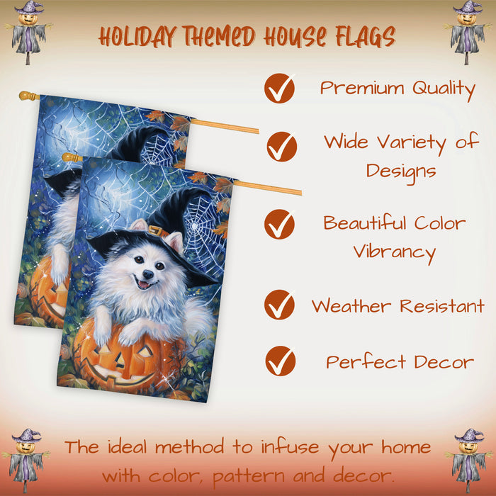 American Eskimo Dog Halloween House Flag with Witch Hat and Pumpkin Fall Harvest Porch Banner Autumn Winter Farmhouse Outdoor Home Decoration for Dog Lovers Double Sided 28 x 40