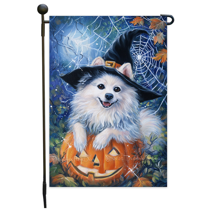 American Eskimo Dog Halloween Garden Flag with Witch Hat Pumpkin Outdoor Yard Banner Fall Winter Holiday Decoration for Lawn Porch and Patio Single or Double Sided 12.5 x 18