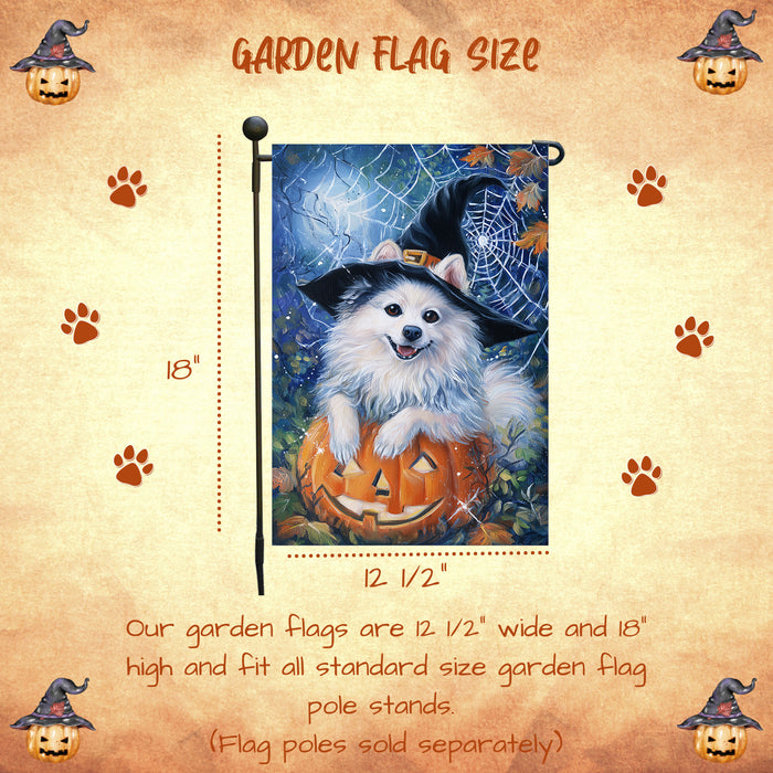 American Eskimo Dog Halloween Garden Flag with Witch Hat Pumpkin Outdoor Yard Banner Fall Winter Holiday Decoration for Lawn Porch and Patio Single or Double Sided 12.5 x 18