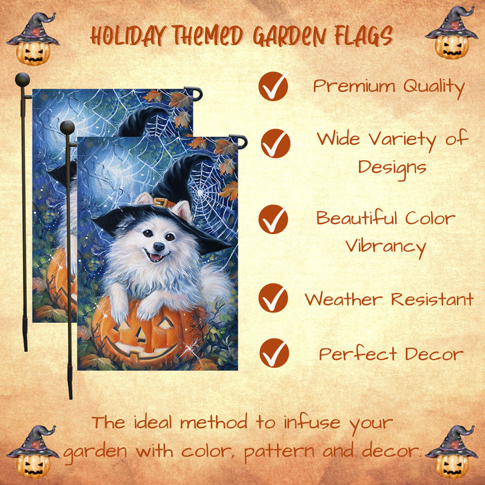 American Eskimo Dog Halloween Garden Flag with Witch Hat Pumpkin Outdoor Yard Banner Fall Winter Holiday Decoration for Lawn Porch and Patio Single or Double Sided 12.5 x 18