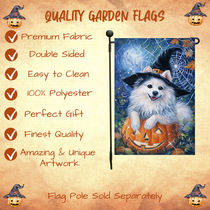 American Eskimo Dog Halloween Garden Flag with Witch Hat Pumpkin Outdoor Yard Banner Fall Winter Holiday Decoration for Lawn Porch and Patio Single or Double Sided 12.5 x 18