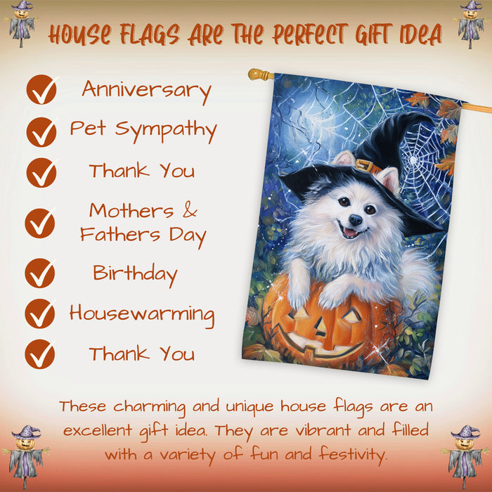 American Eskimo Dog Halloween House Flag with Witch Hat and Pumpkin Fall Harvest Porch Banner Autumn Winter Farmhouse Outdoor Home Decoration for Dog Lovers Double Sided 28 x 40
