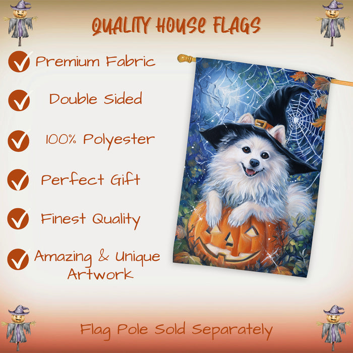 American Eskimo Dog Halloween House Flag with Witch Hat and Pumpkin Fall Harvest Porch Banner Autumn Winter Farmhouse Outdoor Home Decoration for Dog Lovers Double Sided 28 x 40
