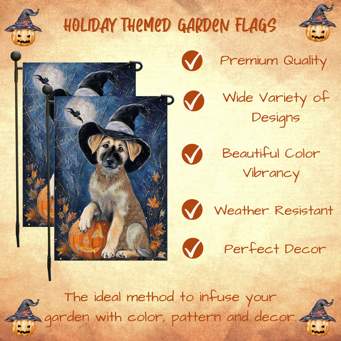 Anatolian Shepherd Dog Halloween Garden Flag with Pumpkin and Spider Web Outdoor Yard Decoration Fall Thanksgiving Farmhouse Mailbox Banner for Dog Lovers Single or Double Sided 12.5 x 18
