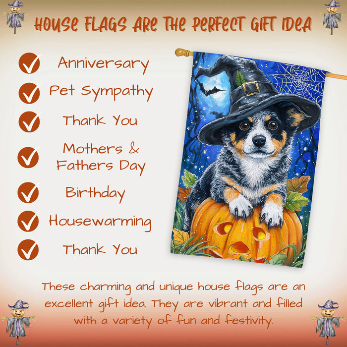 Australian Cattle Dog Halloween House Flag with Moon Pumpkin and Bats Fall Harvest Porch Banner Autumn Farmhouse Outdoor Home Decoration for Dog Lovers Double Sided 28 x 40