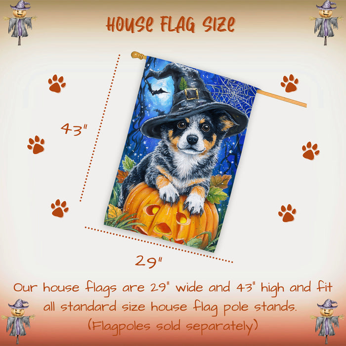 Australian Cattle Dog Halloween House Flag with Moon Pumpkin and Bats Fall Harvest Porch Banner Autumn Farmhouse Outdoor Home Decoration for Dog Lovers Double Sided 28 x 40