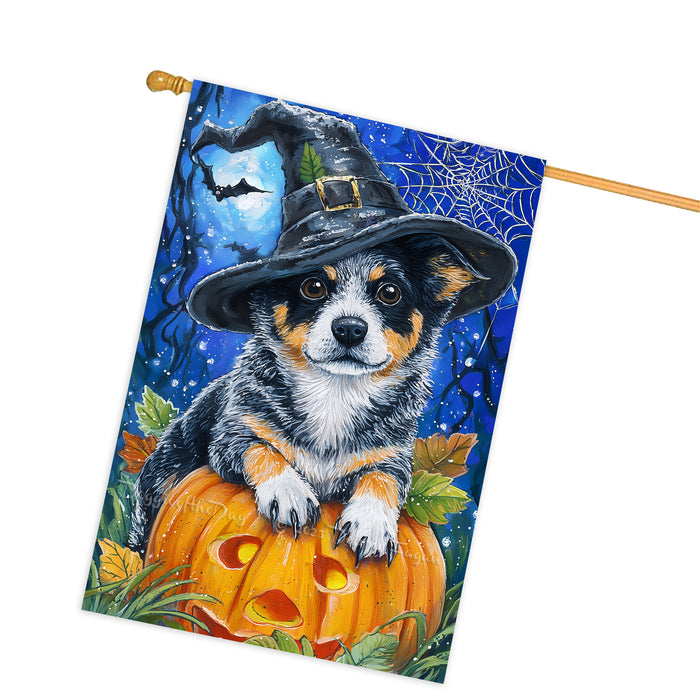 Australian Cattle Dog Halloween House Flag with Moon Pumpkin and Bats Fall Harvest Porch Banner Autumn Farmhouse Outdoor Home Decoration for Dog Lovers Double Sided 28 x 40