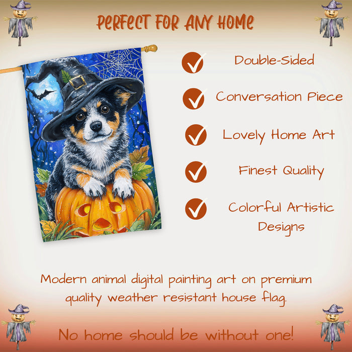 Australian Cattle Dog Halloween House Flag with Moon Pumpkin and Bats Fall Harvest Porch Banner Autumn Farmhouse Outdoor Home Decoration for Dog Lovers Double Sided 28 x 40