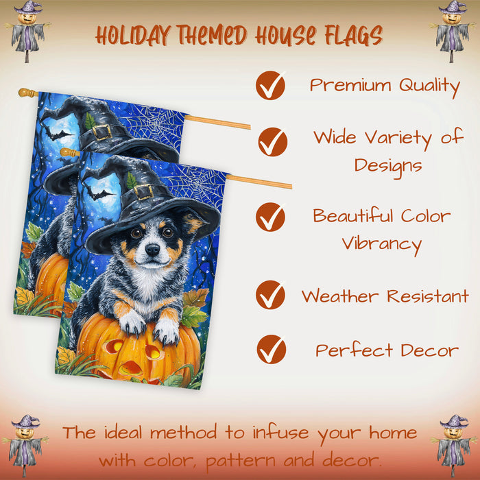 Australian Cattle Dog Halloween House Flag with Moon Pumpkin and Bats Fall Harvest Porch Banner Autumn Farmhouse Outdoor Home Decoration for Dog Lovers Double Sided 28 x 40