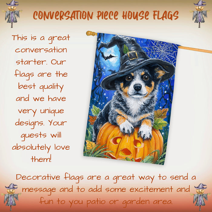 Australian Cattle Dog Halloween House Flag with Moon Pumpkin and Bats Fall Harvest Porch Banner Autumn Farmhouse Outdoor Home Decoration for Dog Lovers Double Sided 28 x 40