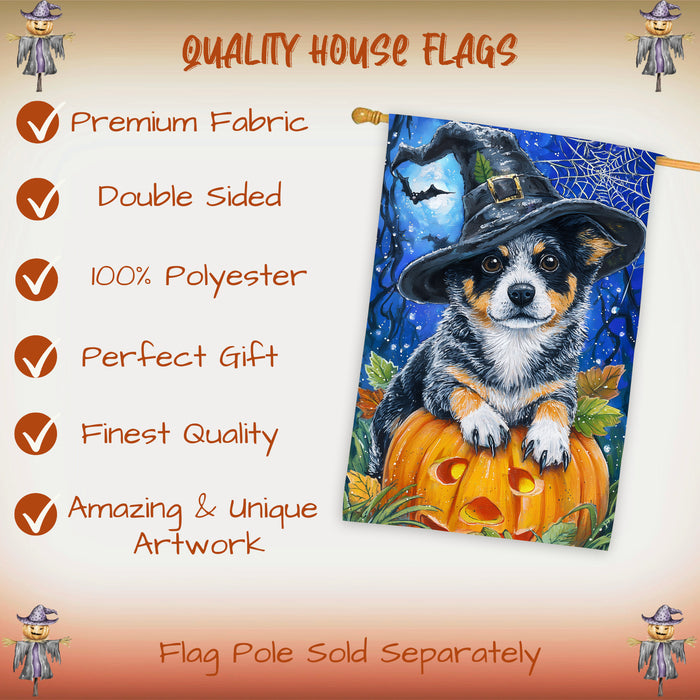 Australian Cattle Dog Halloween House Flag with Moon Pumpkin and Bats Fall Harvest Porch Banner Autumn Farmhouse Outdoor Home Decoration for Dog Lovers Double Sided 28 x 40