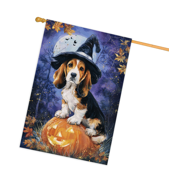 Basset Hound Puppy Halloween House Flag with Pumpkin Lantern and Bats Fall Harvest Porch Banner Autumn Farmhouse Outdoor Home Decoration for Dog Moms and Pet Lovers Double Sided 28 x 40