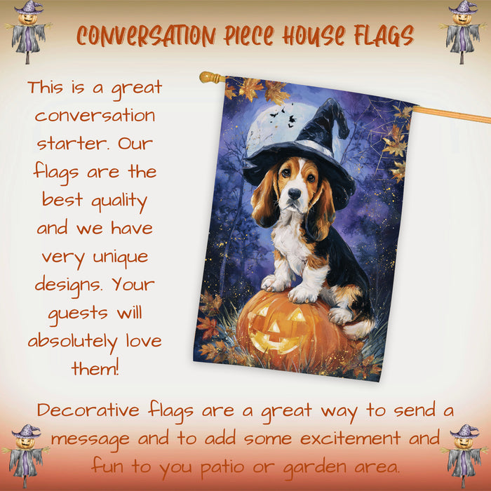 Basset Hound Puppy Halloween House Flag with Pumpkin Lantern and Bats Fall Harvest Porch Banner Autumn Farmhouse Outdoor Home Decoration for Dog Moms and Pet Lovers Double Sided 28 x 40