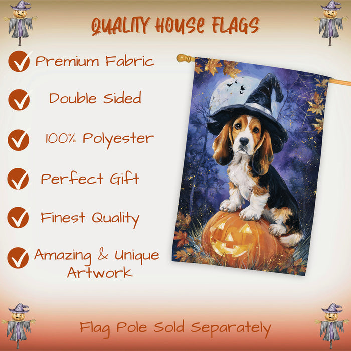 Basset Hound Puppy Halloween House Flag with Pumpkin Lantern and Bats Fall Harvest Porch Banner Autumn Farmhouse Outdoor Home Decoration for Dog Moms and Pet Lovers Double Sided 28 x 40