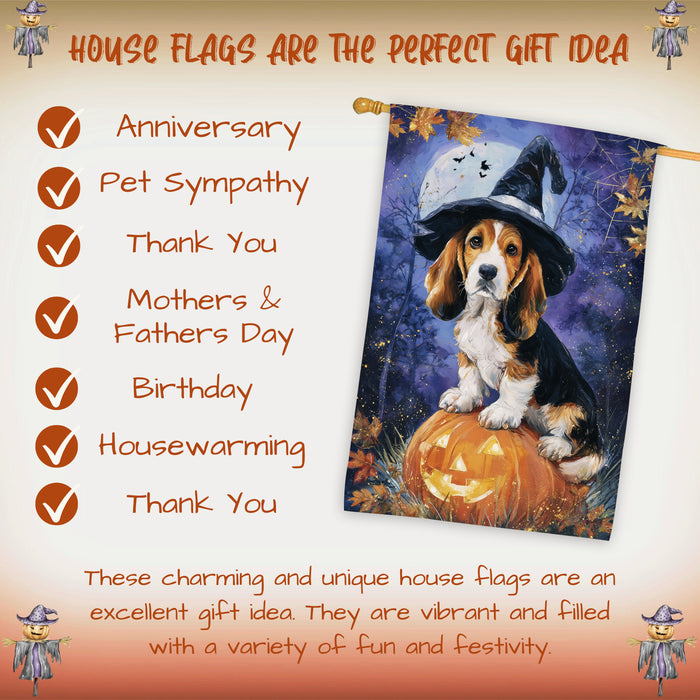 Basset Hound Puppy Halloween House Flag with Pumpkin Lantern and Bats Fall Harvest Porch Banner Autumn Farmhouse Outdoor Home Decoration for Dog Moms and Pet Lovers Double Sided 28 x 40