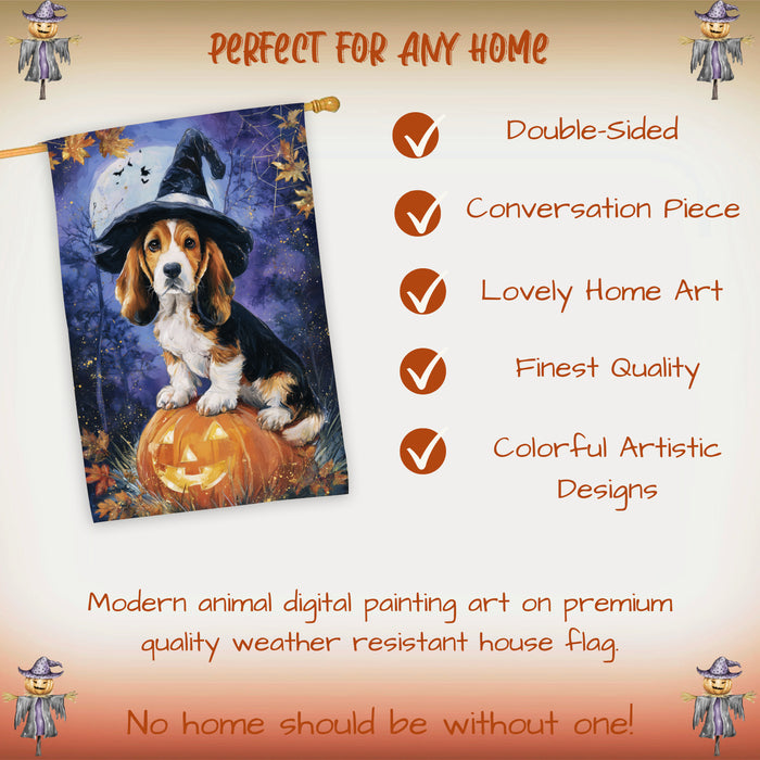 Basset Hound Puppy Halloween House Flag with Pumpkin Lantern and Bats Fall Harvest Porch Banner Autumn Farmhouse Outdoor Home Decoration for Dog Moms and Pet Lovers Double Sided 28 x 40