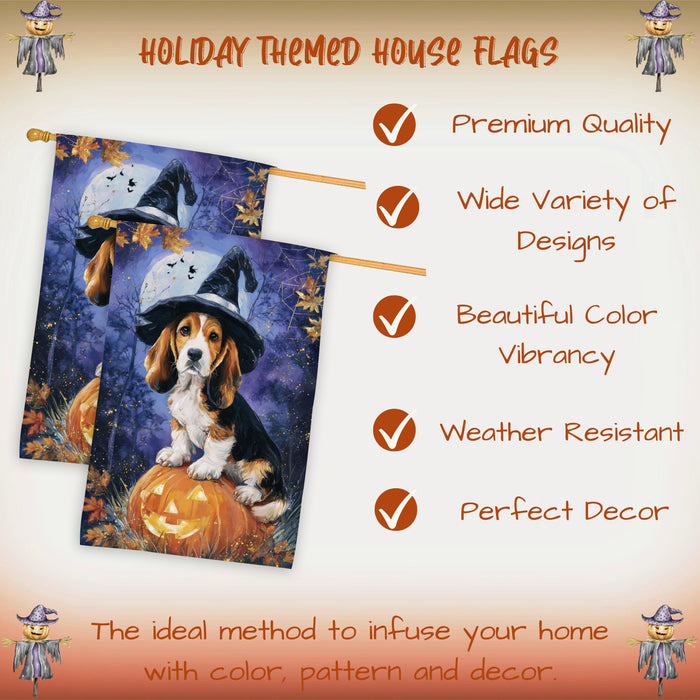 Basset Hound Puppy Halloween House Flag with Pumpkin Lantern and Bats Fall Harvest Porch Banner Autumn Farmhouse Outdoor Home Decoration for Dog Moms and Pet Lovers Double Sided 28 x 40