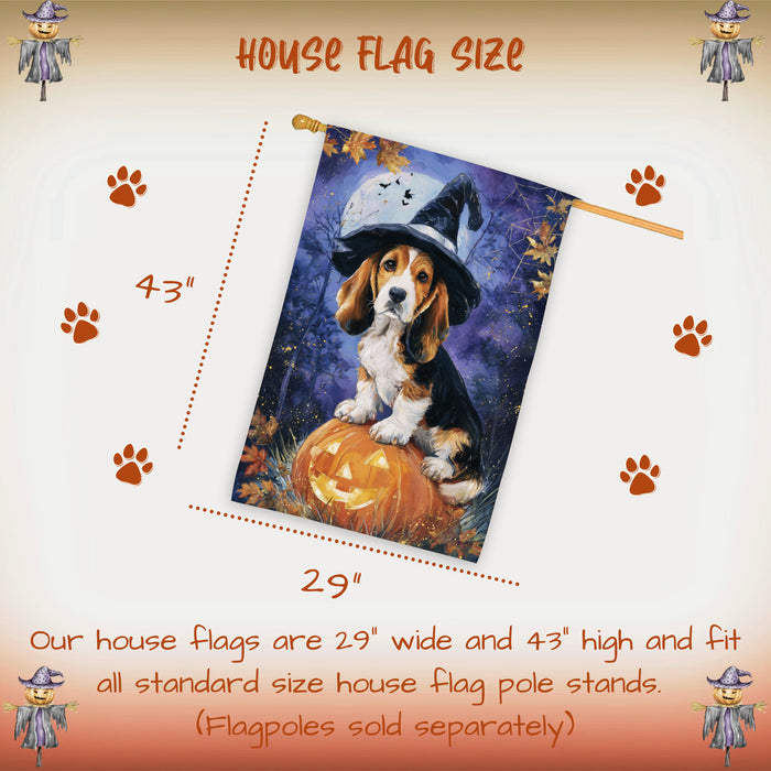 Basset Hound Puppy Halloween House Flag with Pumpkin Lantern and Bats Fall Harvest Porch Banner Autumn Farmhouse Outdoor Home Decoration for Dog Moms and Pet Lovers Double Sided 28 x 40