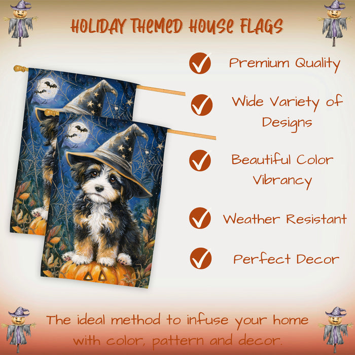 Bernedoodle Dog Halloween House Flag with Witch Hat and Pumpkin Fall Harvest Porch Banner Autumn Farmhouse Outdoor Home Decoration for Dog Lovers Trick or Treat Holiday Décor Double Sided 28 x 40
