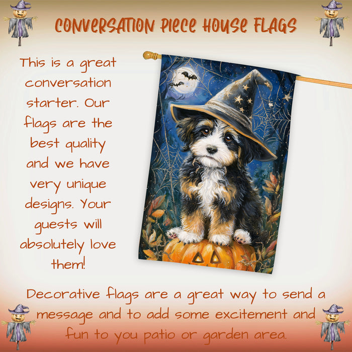 Bernedoodle Dog Halloween House Flag with Witch Hat and Pumpkin Fall Harvest Porch Banner Autumn Farmhouse Outdoor Home Decoration for Dog Lovers Trick or Treat Holiday Décor Double Sided 28 x 40