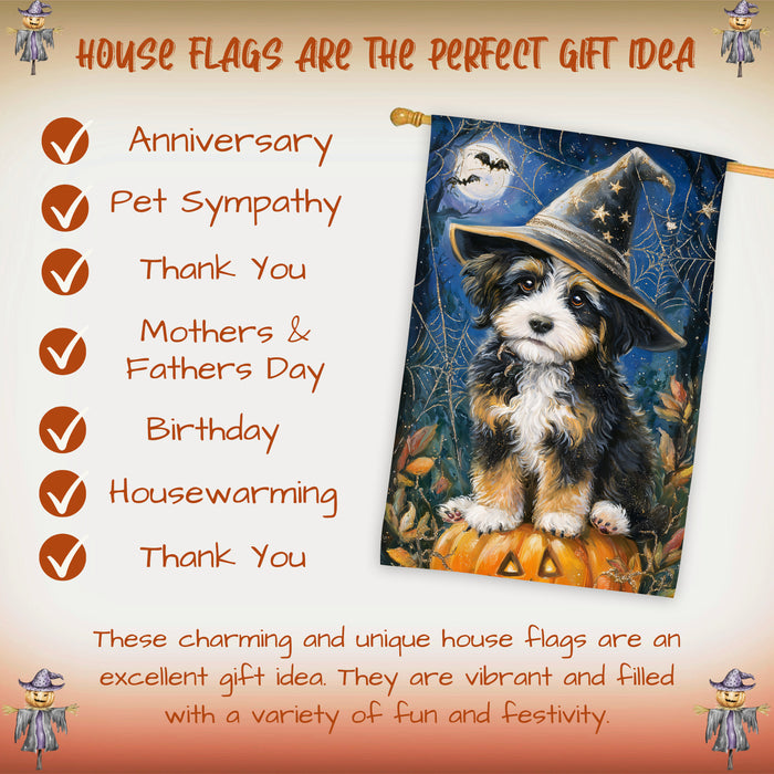 Bernedoodle Dog Halloween House Flag with Witch Hat and Pumpkin Fall Harvest Porch Banner Autumn Farmhouse Outdoor Home Decoration for Dog Lovers Trick or Treat Holiday Décor Double Sided 28 x 40