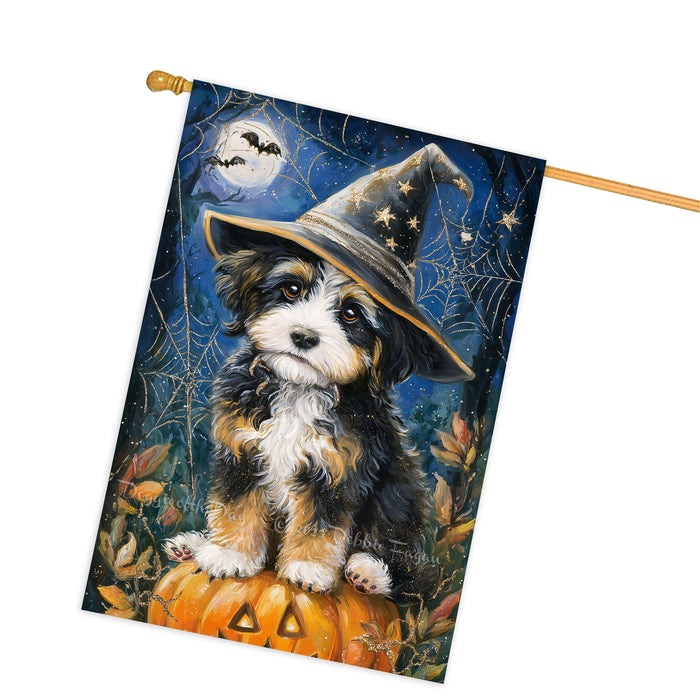 Bernedoodle Dog Halloween House Flag with Witch Hat and Pumpkin Fall Harvest Porch Banner Autumn Farmhouse Outdoor Home Decoration for Dog Lovers Trick or Treat Holiday Décor Double Sided 28 x 40