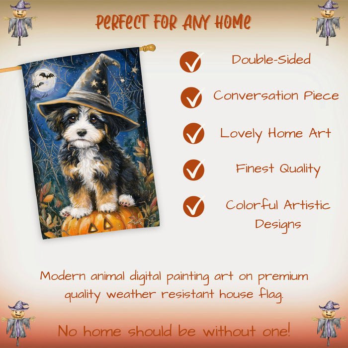 Bernedoodle Dog Halloween House Flag with Witch Hat and Pumpkin Fall Harvest Porch Banner Autumn Farmhouse Outdoor Home Decoration for Dog Lovers Trick or Treat Holiday Décor Double Sided 28 x 40