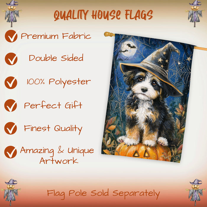 Bernedoodle Dog Halloween House Flag with Witch Hat and Pumpkin Fall Harvest Porch Banner Autumn Farmhouse Outdoor Home Decoration for Dog Lovers Trick or Treat Holiday Décor Double Sided 28 x 40