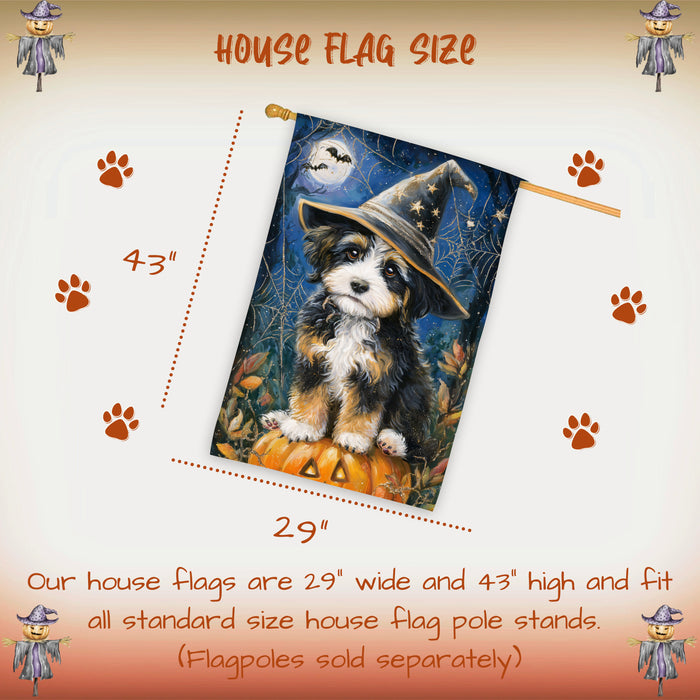 Bernedoodle Dog Halloween House Flag with Witch Hat and Pumpkin Fall Harvest Porch Banner Autumn Farmhouse Outdoor Home Decoration for Dog Lovers Trick or Treat Holiday Décor Double Sided 28 x 40