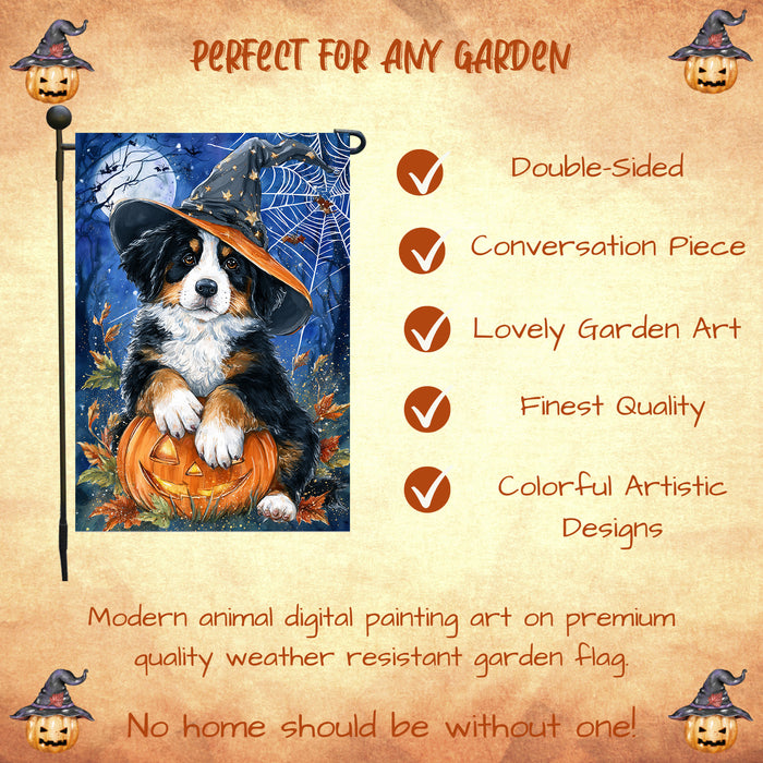 Bernese Mountain Dog Halloween Garden Flag with Witch Hat Pumpkin and Full Moon Outdoor Yard Decoration for Fall Farmhouse Lawn Patio and Garden Décor for Dog Lovers Single or Double Sided 12.5 x 18