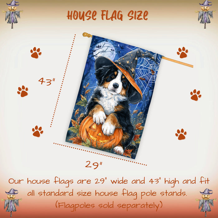 Bernese Mountain Dog Halloween House Flag with Witch Hat Pumpkin and Full Moon Fall Harvest Porch Banner Autumn Farmhouse Outdoor Home Decoration for Dog Lovers Double Sided 28 x 40