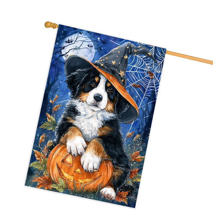 Bernese Mountain Dog Halloween House Flag with Witch Hat Pumpkin and Full Moon Fall Harvest Porch Banner Autumn Farmhouse Outdoor Home Decoration for Dog Lovers Double Sided 28 x 40