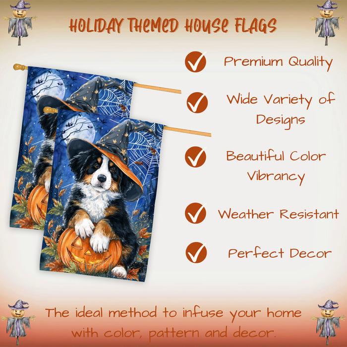 Bernese Mountain Dog Halloween House Flag with Witch Hat Pumpkin and Full Moon Fall Harvest Porch Banner Autumn Farmhouse Outdoor Home Decoration for Dog Lovers Double Sided 28 x 40
