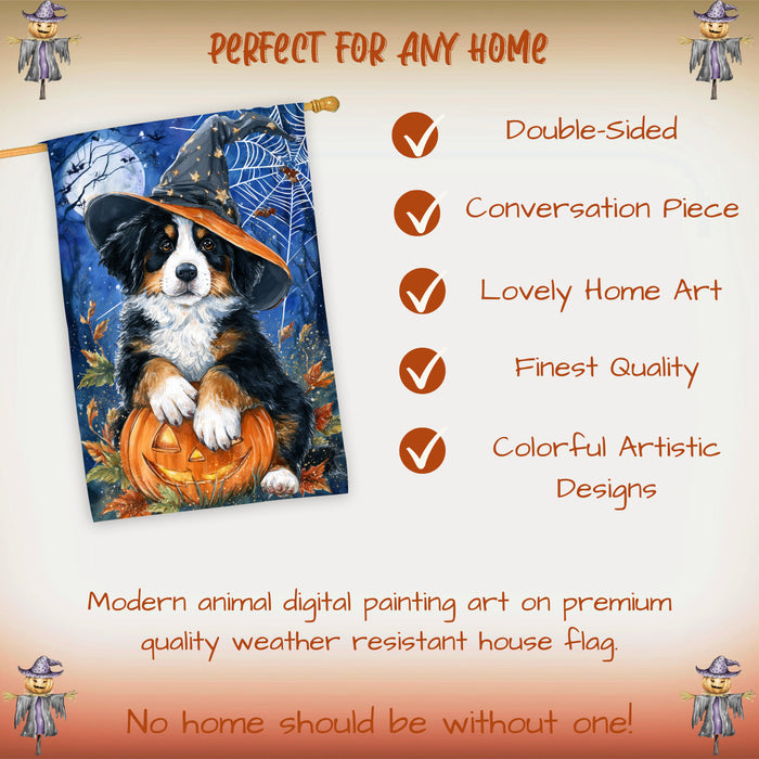 Bernese Mountain Dog Halloween House Flag with Witch Hat Pumpkin and Full Moon Fall Harvest Porch Banner Autumn Farmhouse Outdoor Home Decoration for Dog Lovers Double Sided 28 x 40