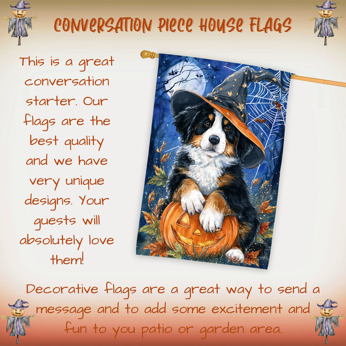 Bernese Mountain Dog Halloween House Flag with Witch Hat Pumpkin and Full Moon Fall Harvest Porch Banner Autumn Farmhouse Outdoor Home Decoration for Dog Lovers Double Sided 28 x 40