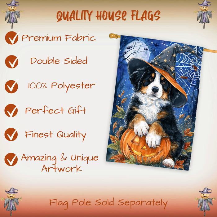 Bernese Mountain Dog Halloween House Flag with Witch Hat Pumpkin and Full Moon Fall Harvest Porch Banner Autumn Farmhouse Outdoor Home Decoration for Dog Lovers Double Sided 28 x 40